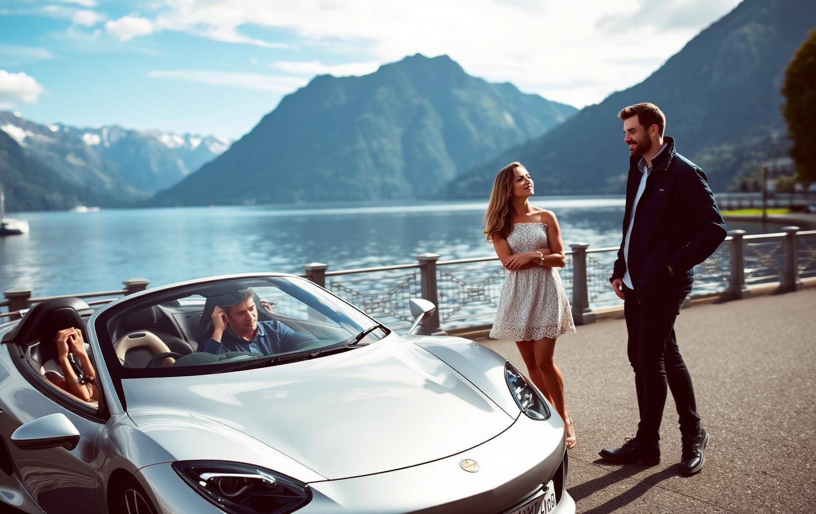 Paar neben einem silbernen Sportwagen an einer Schweizer Seepromenade